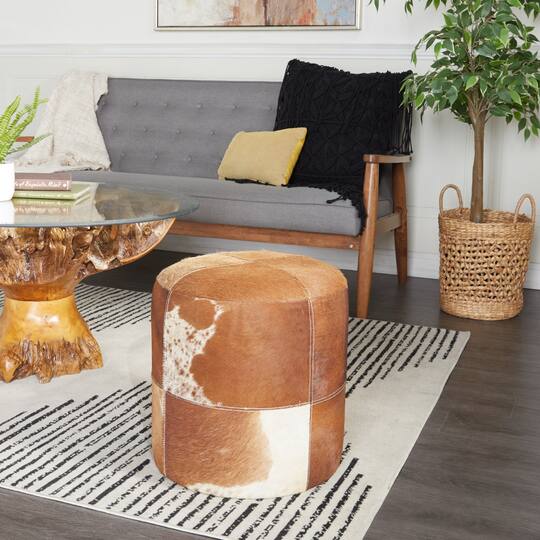 16" Brown Wood & Leather Farmhouse Ottoman